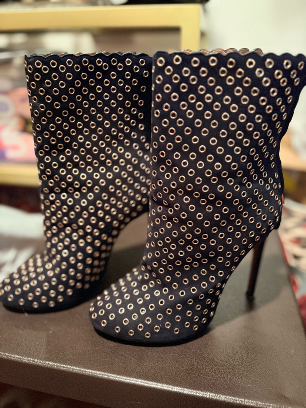Alaia indigo Suede Ankle Booties with Gold Eyelet Grommet Detailing